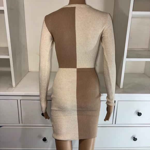FINAL TOUCH Two Tone Color Block Ribbed Knit Cut Out Cropped Sweater Mini Dress - Picture 3 of 6
